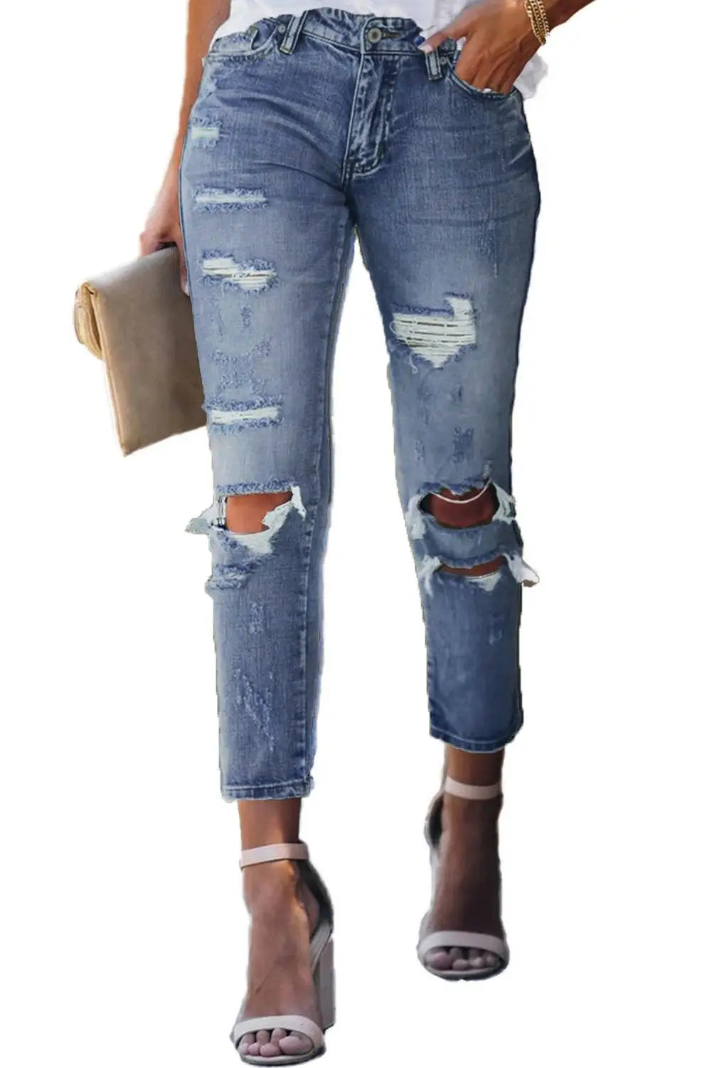 Fading distressed holes light blue skinny jeans with ankle-strap high heels