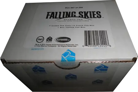 Cardboard box labeled Falling Skies with blue logo marks for Season Two Premium Pack