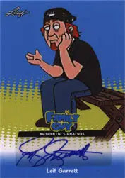 Cartoon illustration of a skateboarder gesturing on Family Guy Autograph Card by Leif Garrett