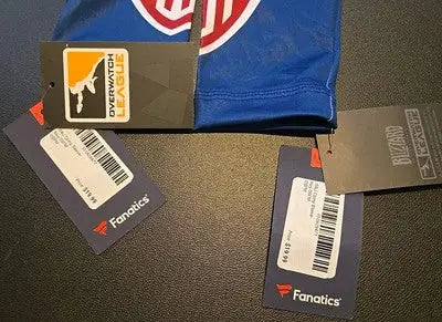 Overwatch League compression arm sleeves with tags featuring Fanatics Blizzard Overwatch branding