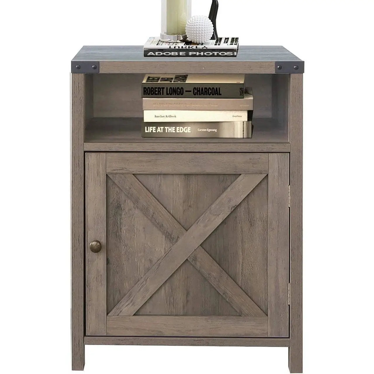 Farmhouse Style End Table Barn Door Nightstand with Open Shelf in Rustic Oak - Nightstand