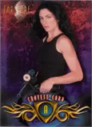 Woman with dark hair in a black top, featuring Farscape trading cards set background