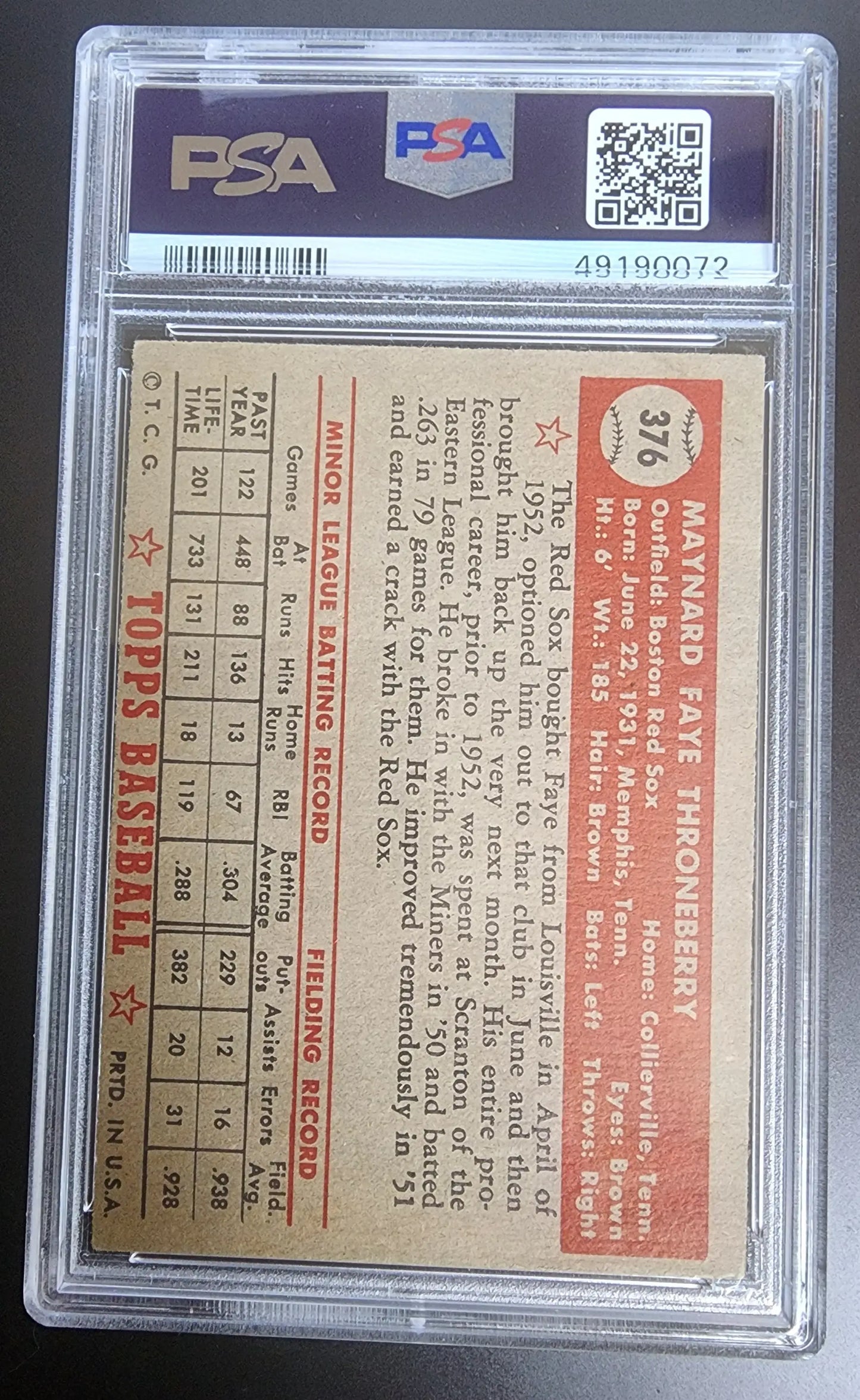 Faye Throneberry 1952 Topps #376 baseball card in PSA holder with QR code