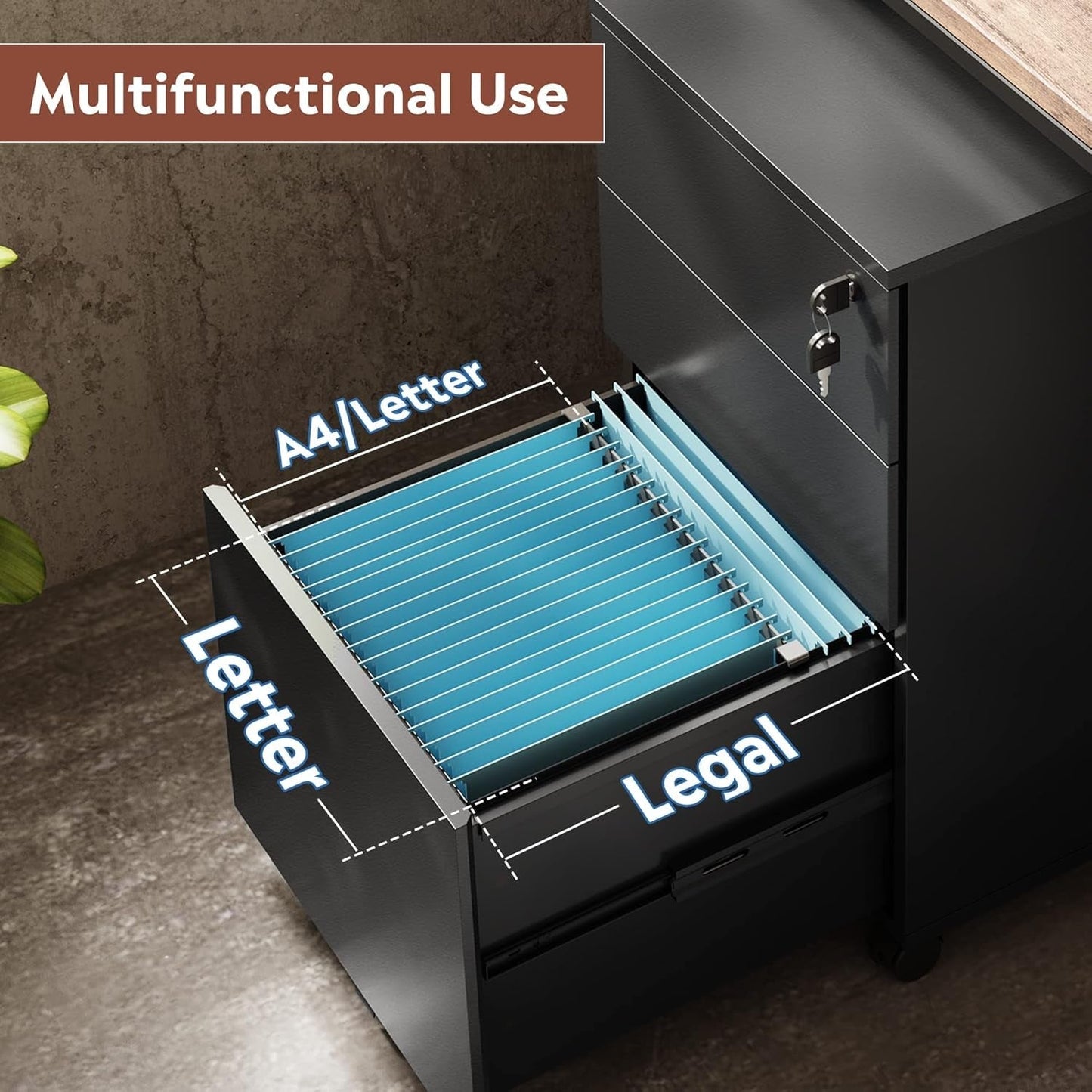 3 Drawer File Cabinet with Lock, Small Rolling Filing Cabinet under Desk, Wood Office Drawers Fits Letter/Legal/A4 Size Folders, Black-4