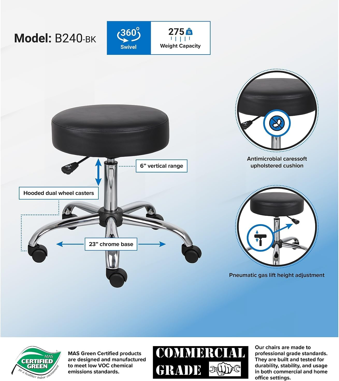 Boss Be Well Armless Medical Spa Professional Stool, Black (B240-BK)-3