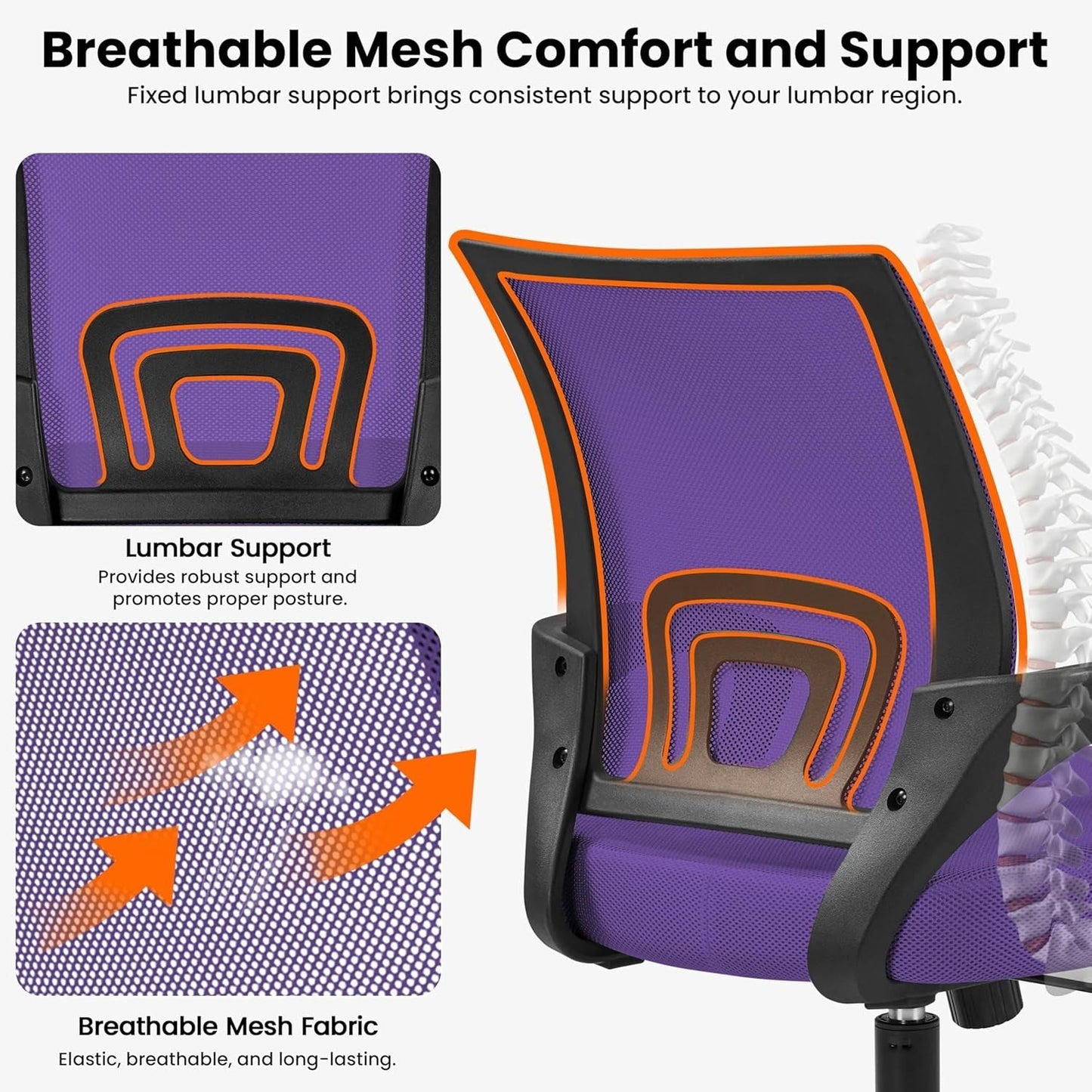 Office Chair Ergonomic Mesh Chair W/Lumbar Support Armrest Wheels Comfortable Racing Seat Adjustable Swivel Rolling Home Executive Mid Back Computer Chair for Adults, Purple-4