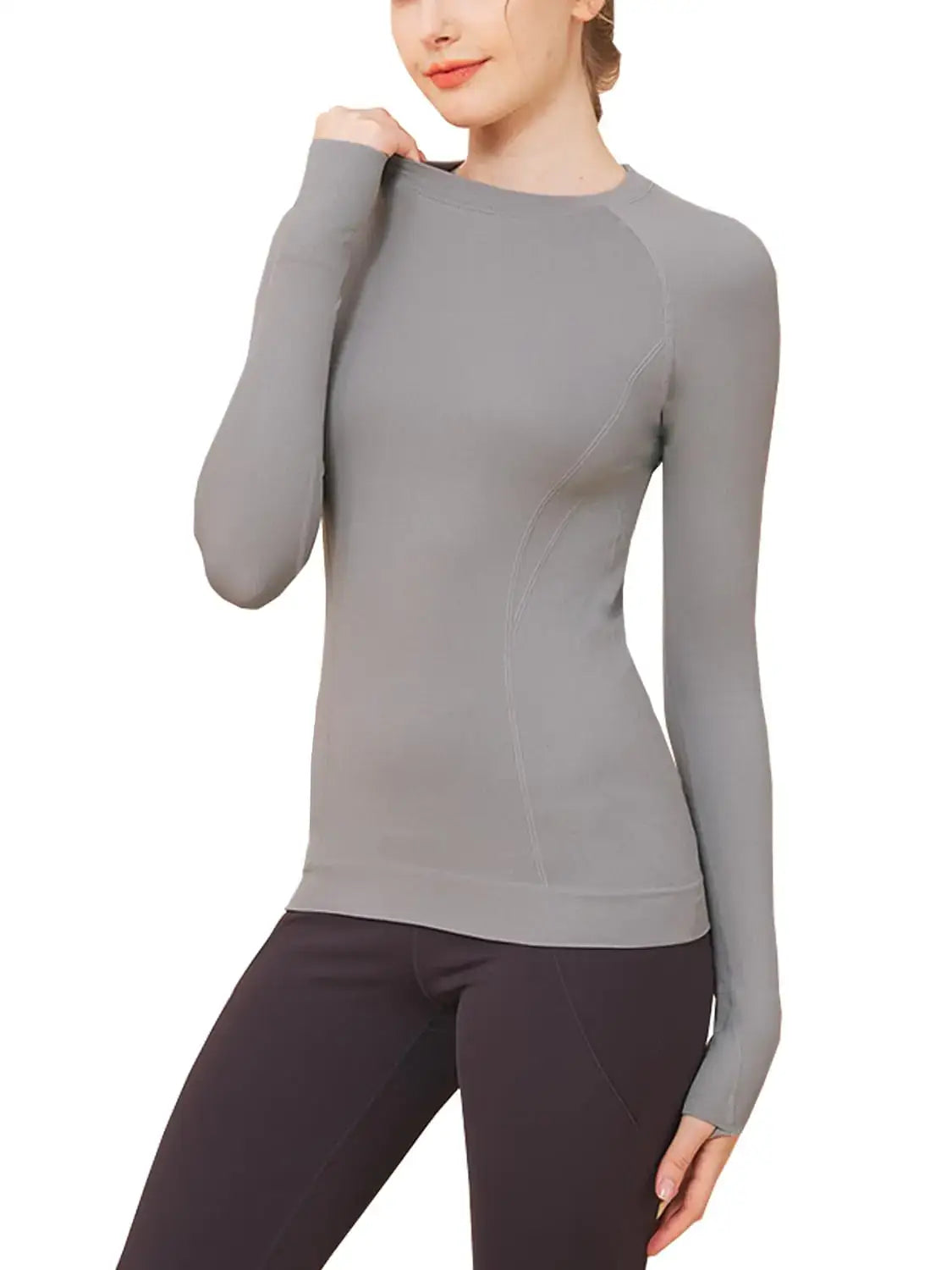 Gray long sleeve workout shirts for women, seamless and compression athletic tops