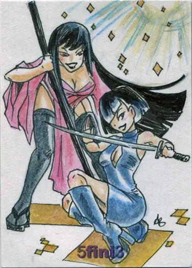 Anime-style action illustration of two fierce female characters for Female Persuasion trading cards
