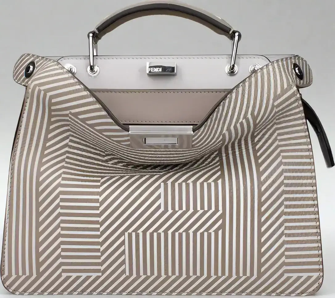 FENDI Beige Leather Handbag with taupe and white striped geometric pattern