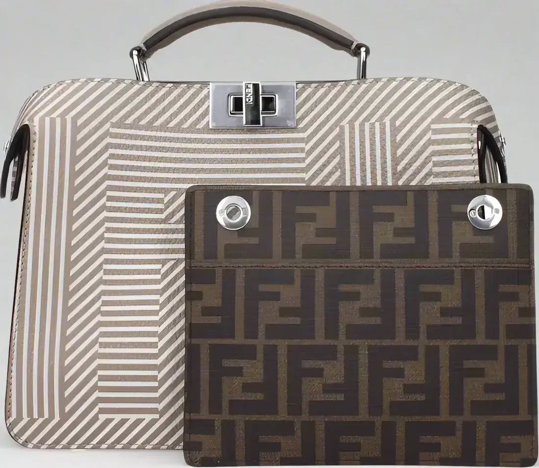 Fendi beige leather handbags with striped pattern and FF logo print