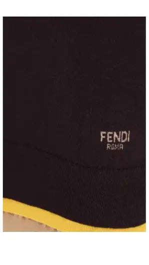 Fendi brown mini dress with black fabric yellow stripe and ROMA text showcasing mini dress features