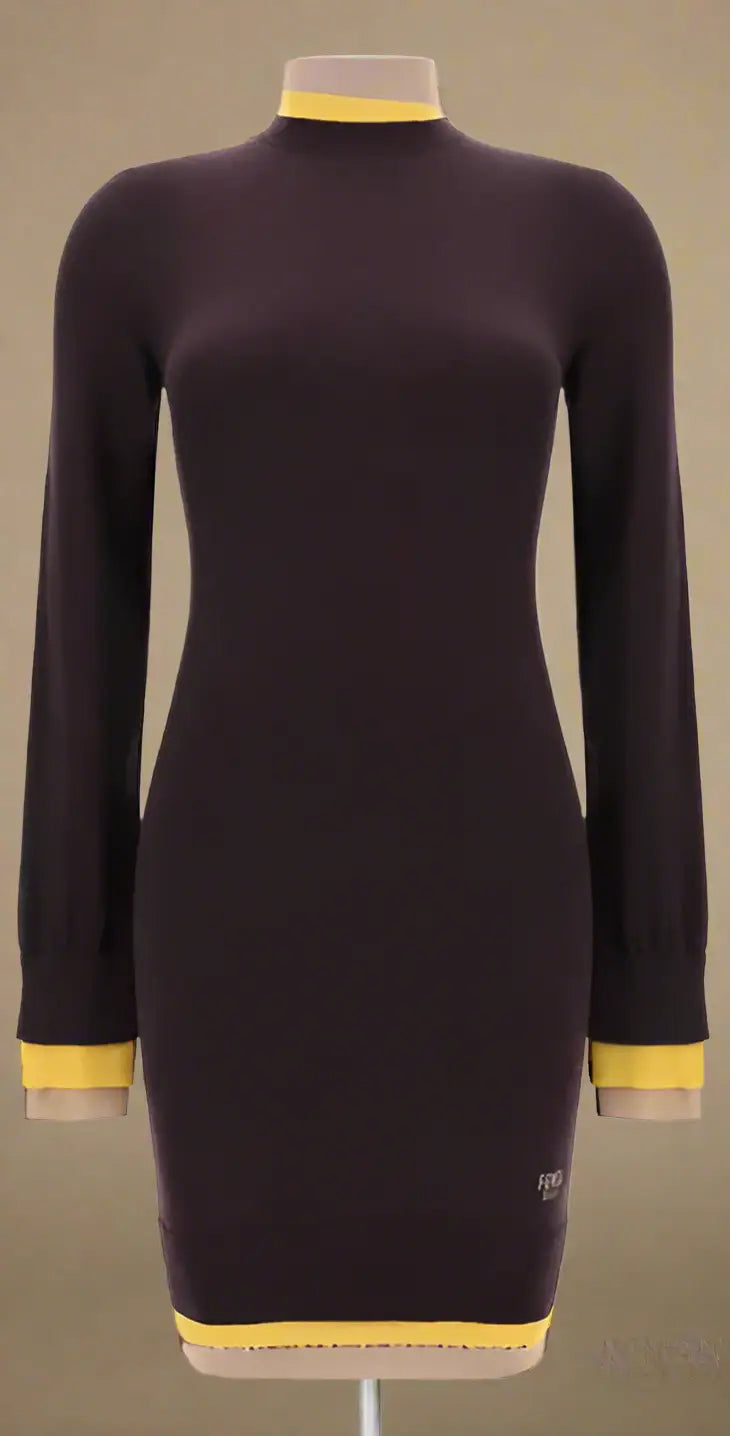 Fendi brown mini dress with yellow trim, long sleeves, and stylish mini dress features