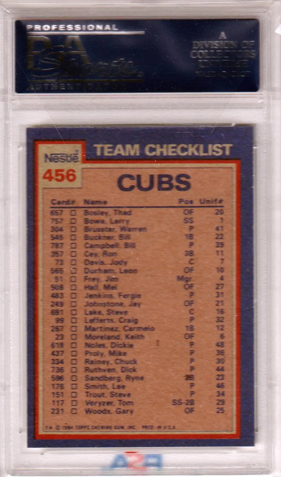 Graded baseball card back from Fergie Jenkins 1984 Topps Nestle Cubs Leaders PSA 9