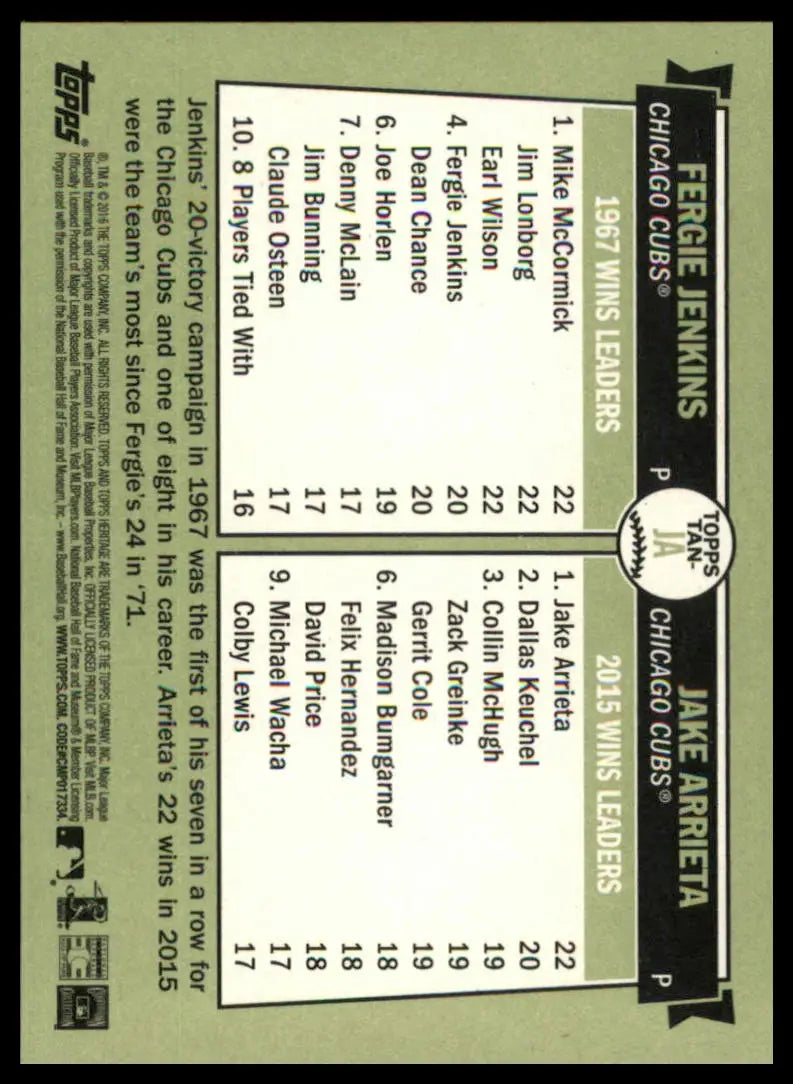 Baseball card back from Fergie Jenkins Jake Arrieta 2016 Topps Heritage Cubs