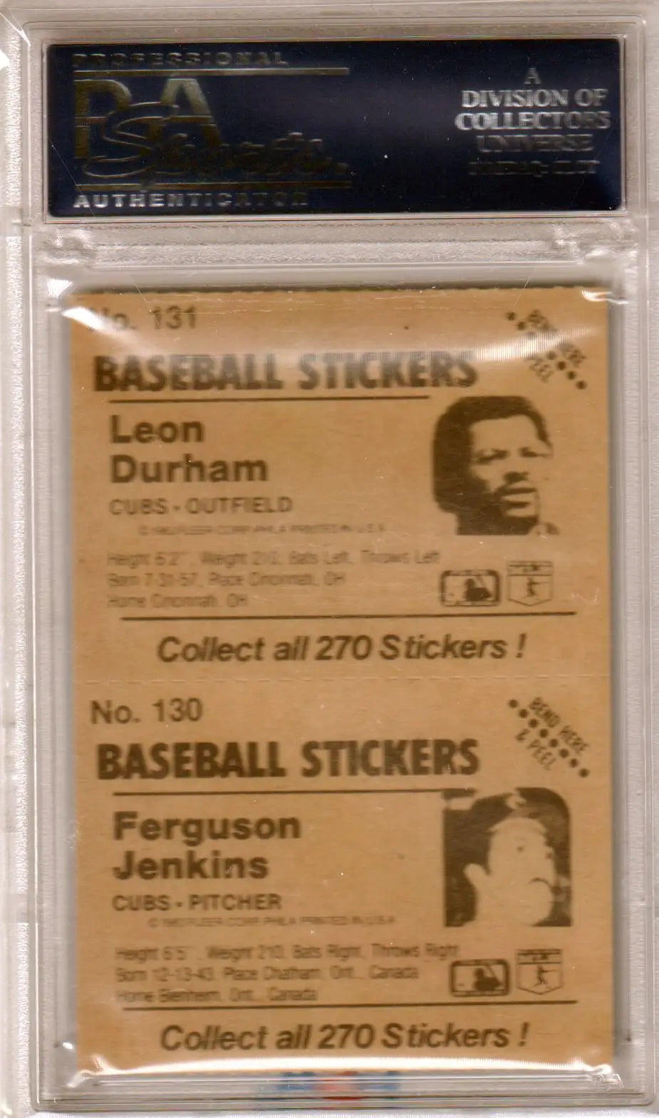 Graded baseball sticker card from Columbia Hobby featuring Ferguson Jenkins 1983 Fleer sticker panel with Leon Durham PSA 9 MINT