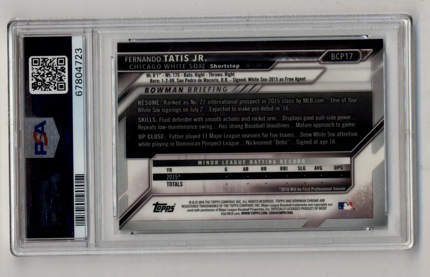 Graded Fernando Tatis Jr Bowman Prospects Chrome baseball card PSA 10 Gem Mint