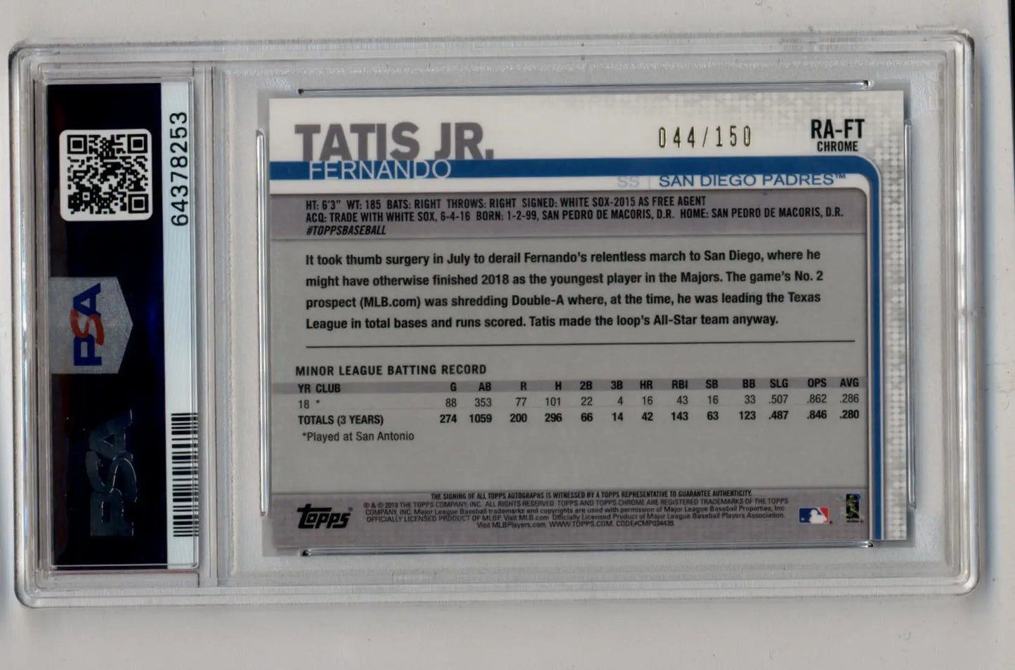 Fernando Tatis Jr 2019 Topps Chrome Blue Wave Refractor Auto 044/150 PSA 10 Gem Mint Auto 10 - Singles