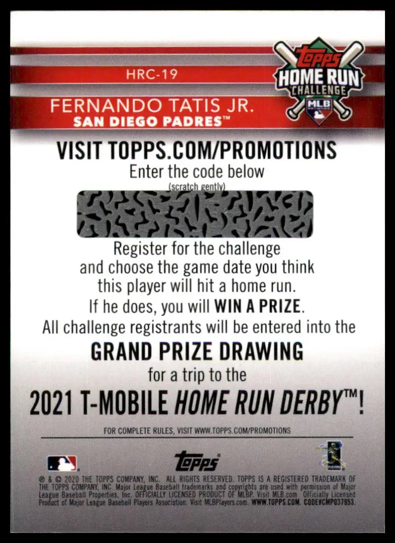 Baseball card for Fernando Tatis Jr. 2020 Topps Home Run Challenge San Diego Padres