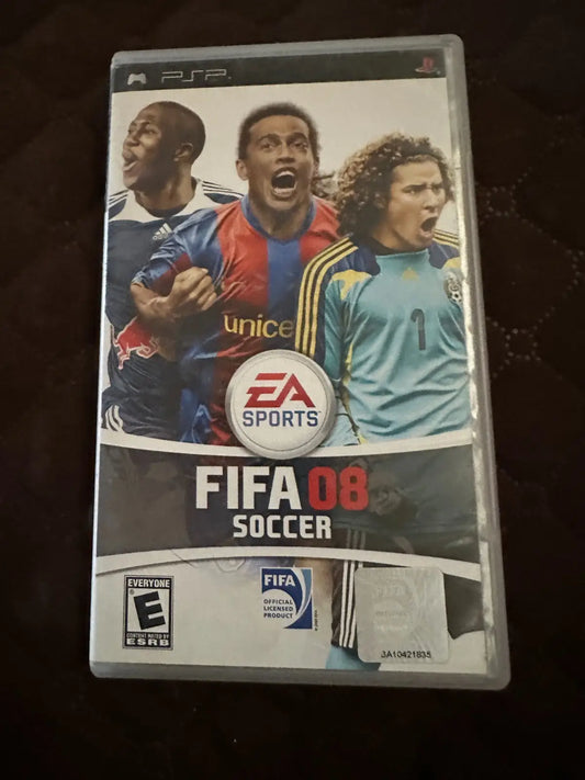 FIFA Soccer 08 PSP cover with three soccer players on the PlayStation Portable game box
