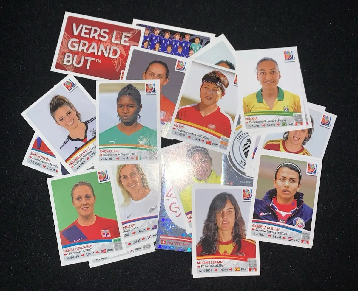 Pile of women’s soccer trading cards from FIFA World Cup SOCCER 2015 Canada sticker pack