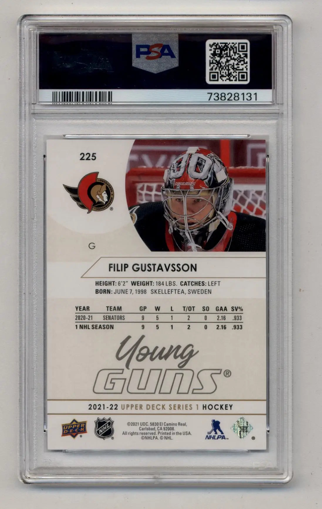 PSA-graded Filip Gustavsson Ottawa Senators goalie card from Upper Deck Speckled Rainbow Foil