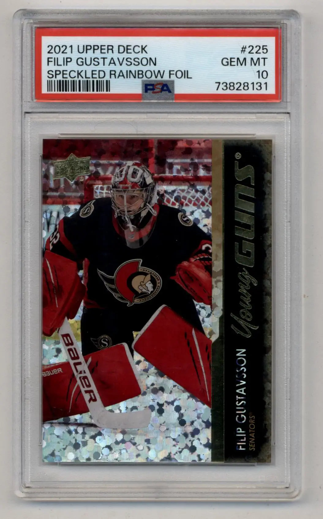 PSA 10 Gem Mint Filip Gustavsson 2021-22 Upper Deck Speckled Rainbow Foil card
