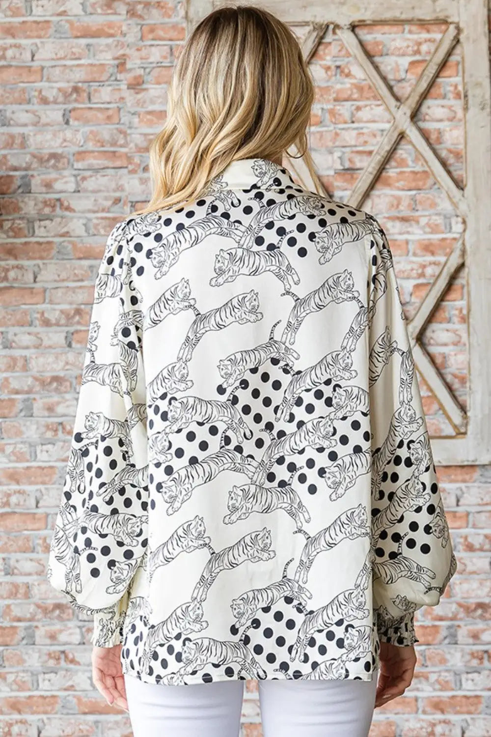 Women’s long-sleeve satin blouse with tiger print collared neck and polka dot print