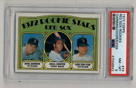 1972 Topps Red Sox Rookies card featuring Fisk, Cooper, Garman in PSA 8 condition