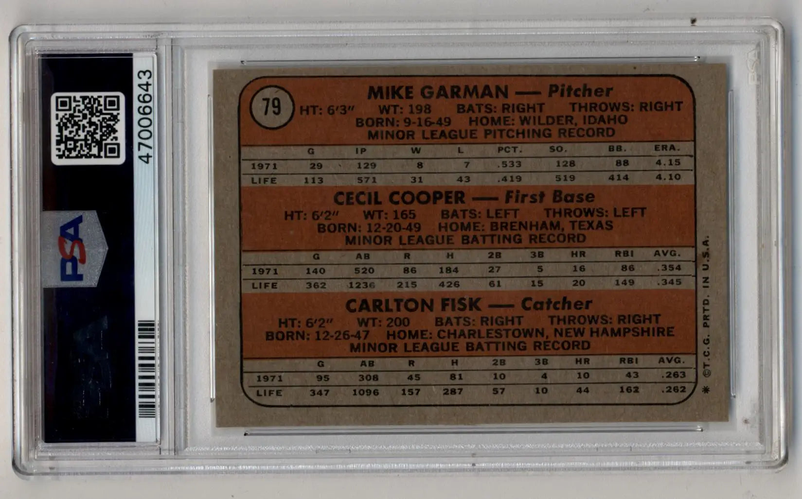 Vintage Fisk Cooper Garman 1972 Topps Red Sox Rookies card in protective holder