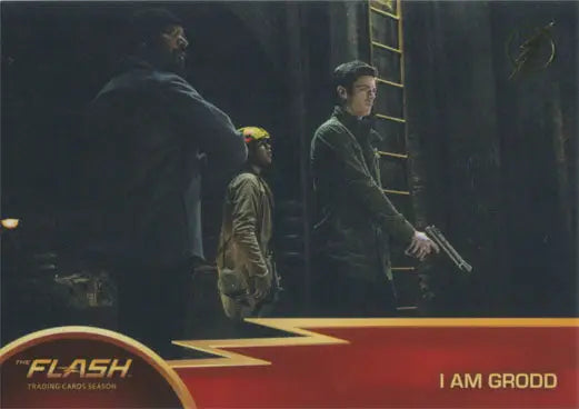 Trading card featuring I Am Grodd from The Flash in a dark setting, gold logo parallel