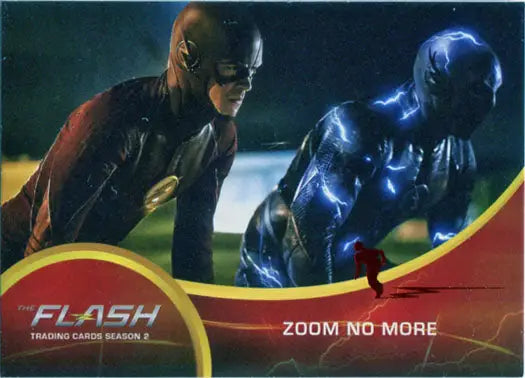 Two costumed superhero figures in red and blue facing off on Flash Season 2 chase card