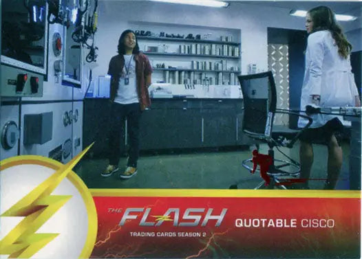 Trading card of The Flash in a lab, featuring Scarlet Speedster Deco Red Foil Variant