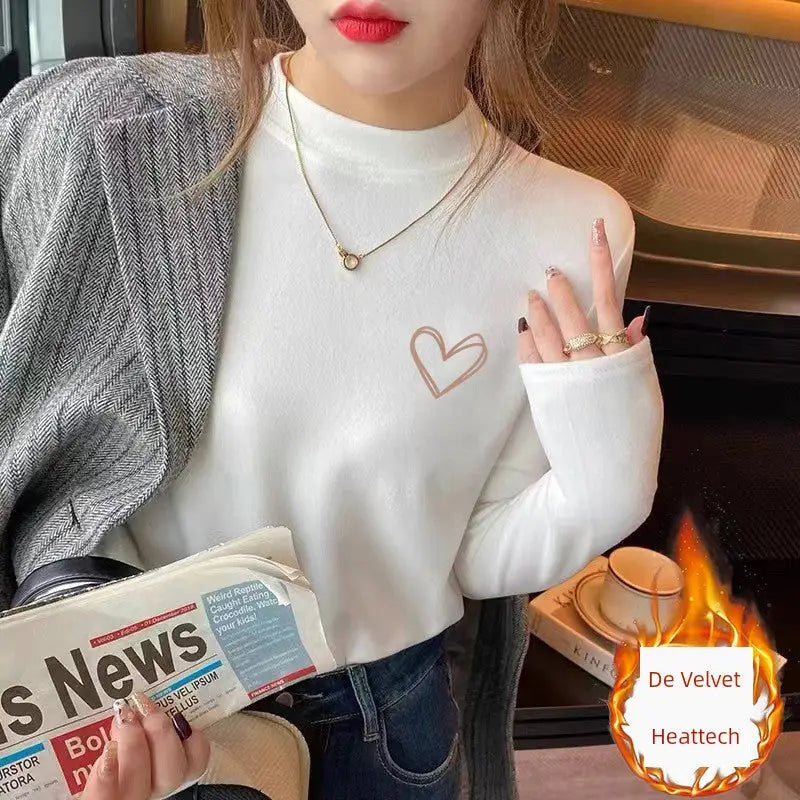 Fleece-Lined Half Turtleneck Top for Women - XL / DRH330-White (De Velvet) - Tops