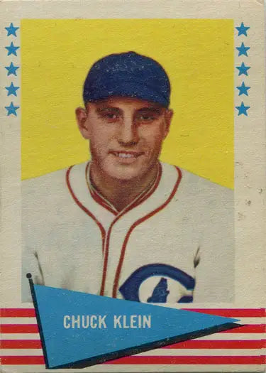 Vintage Fleer Baseball Greats card featuring Chuck Klein in a white uniform and blue cap