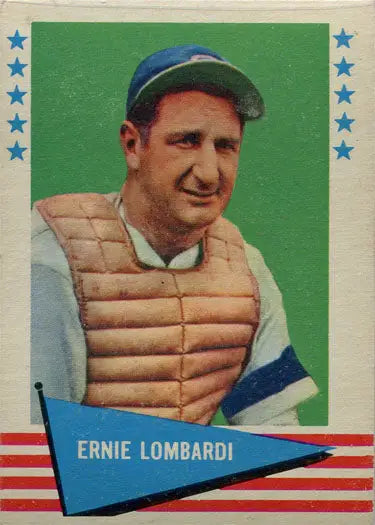 Vintage Fleer Baseball Greats card of Ernie Lombardi in a catcher’s chest protector