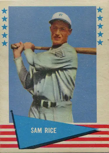 Vintage Fleer Baseball Greats card of Edgar Sam Rice in light uniform with bat