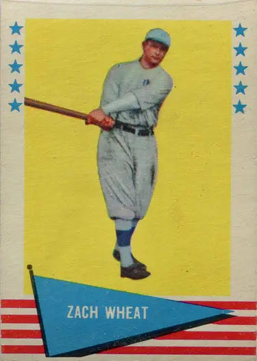 Vintage Fleer Baseball Greats card featuring Zach Wheat in gray uniform with bat