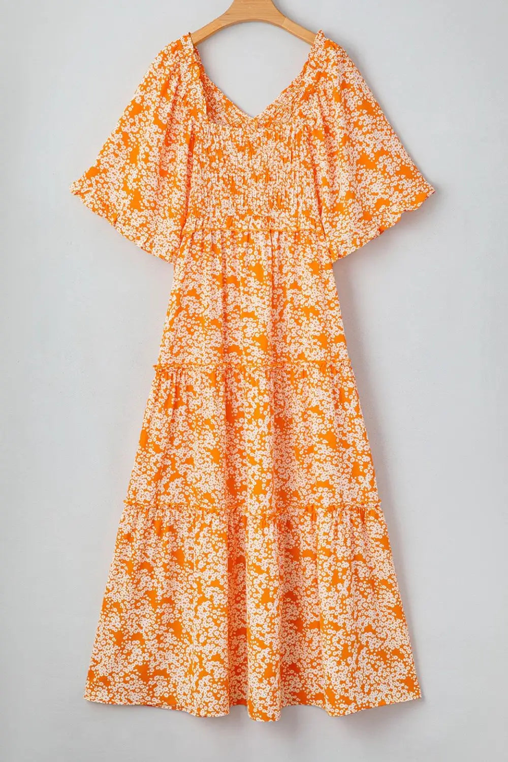 Floral Print Smocked V Neck Wide Sleeve Maxi Dress - dress