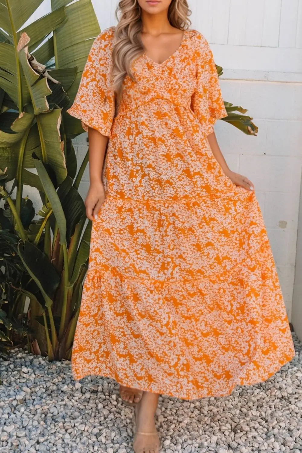 Floral Print Smocked V Neck Wide Sleeve Maxi Dress - dress