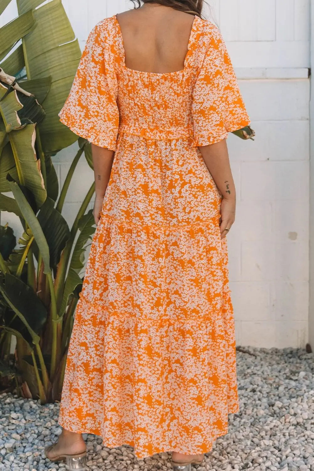 Floral Print Smocked V Neck Wide Sleeve Maxi Dress - dress