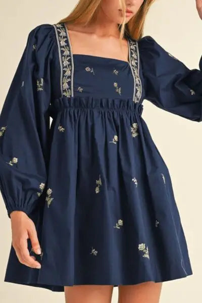 Navy blue floral square neck mini dress with balloon sleeves and delicate embroidery