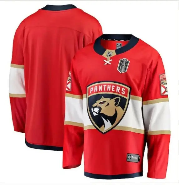 Red Florida Panthers 2025 Stanley Cup Final home jersey with panther logo and Panthers text