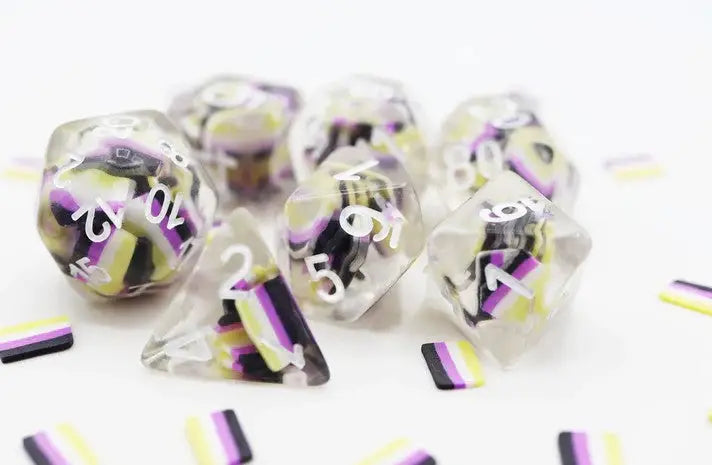 Foam Brain RPG dice set featuring Nonbinary Pride colors and designs