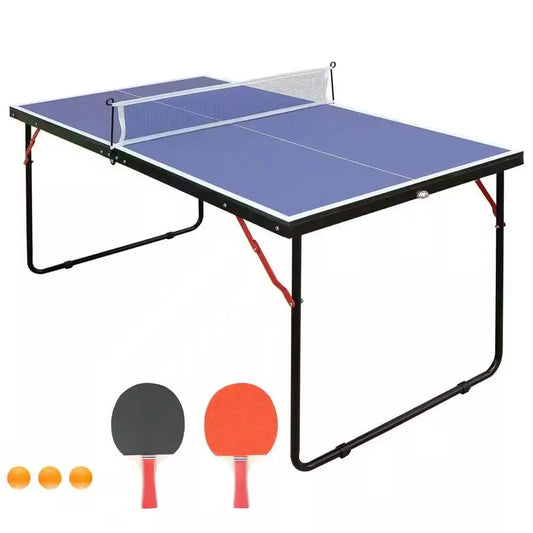 Blue ping pong table tennis set with net paddles and orange balls for indoor play