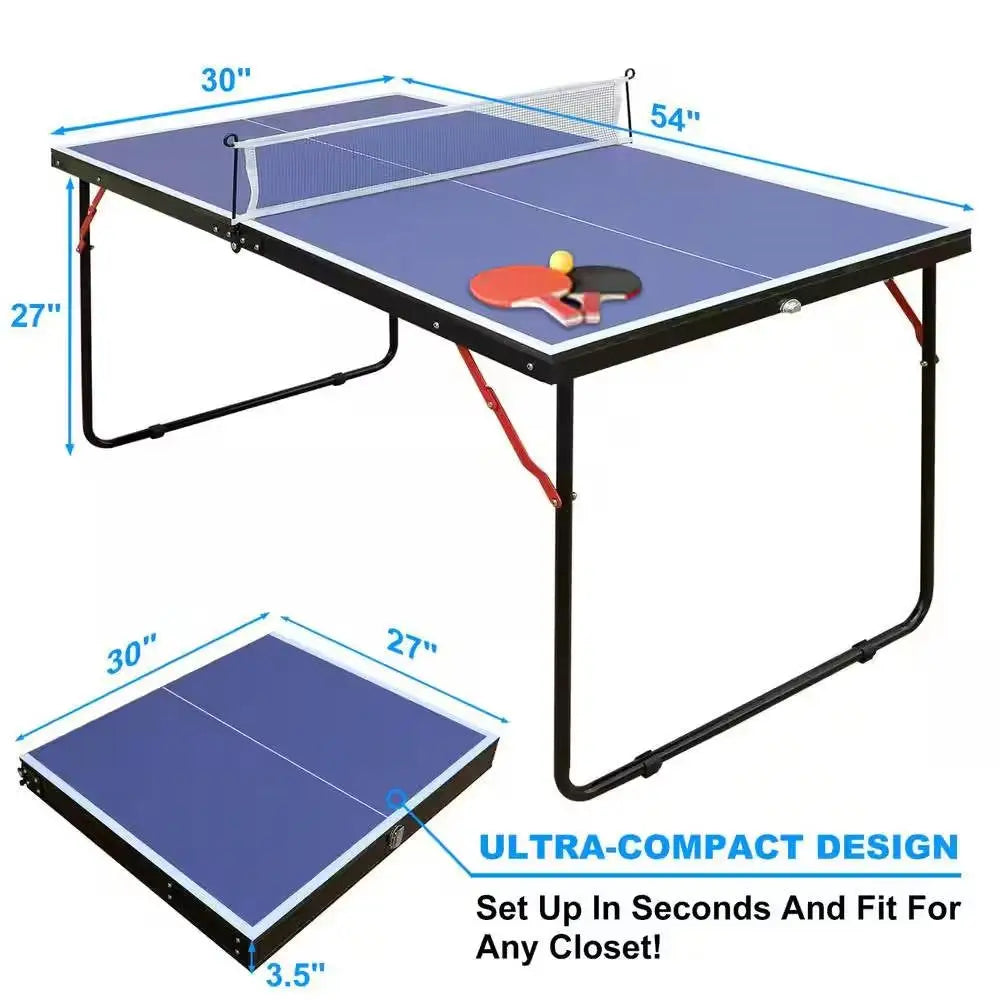 Ultra-compact blue ping pong table tennis set with net and paddles for easy setup