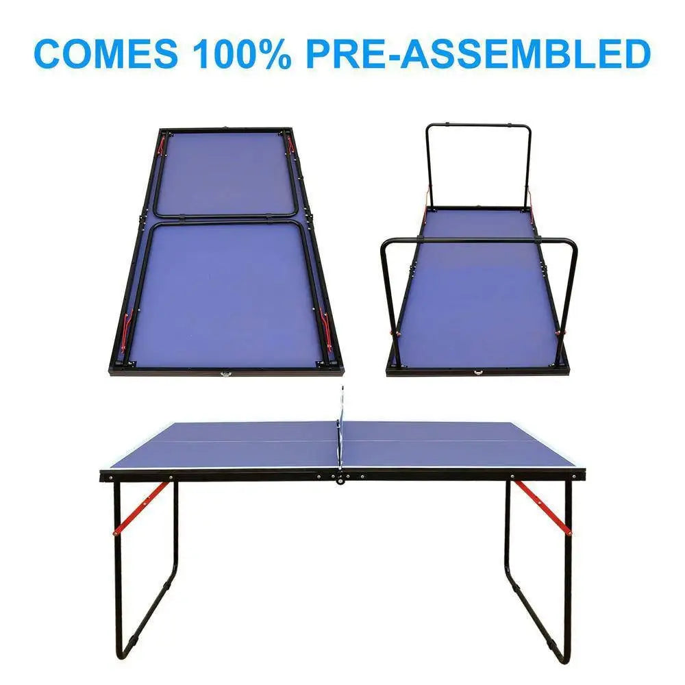 100% pre-assembled blue ping pong table tennis table with black legs and net for easy setup