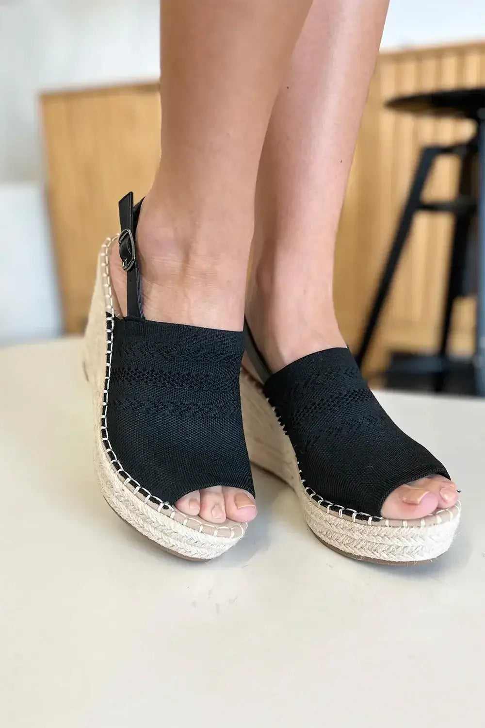 Forever Link Peep Toe High Heel Sandals featuring black espadrille wedge with woven sole