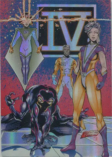 Comic book-style illustration of four superheroes on a FourSquare Promo Card