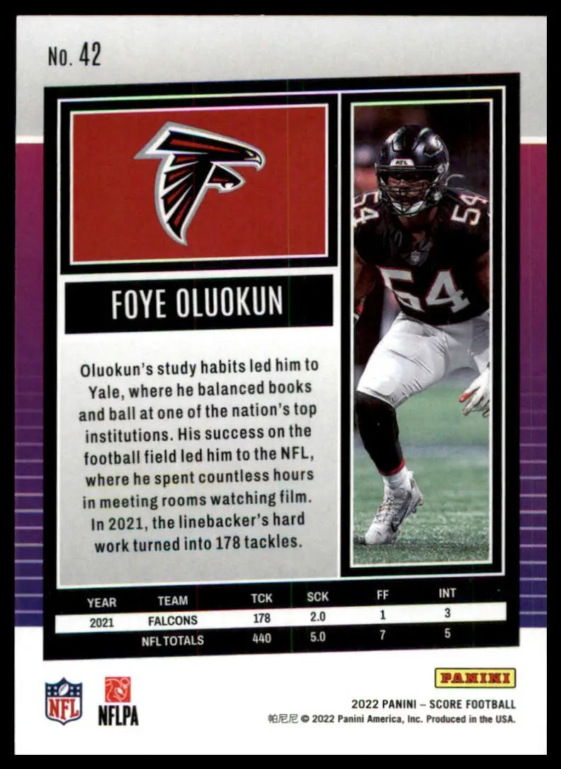 Foye Oluokun football card from 2022 Score Atlanta Falcons series
