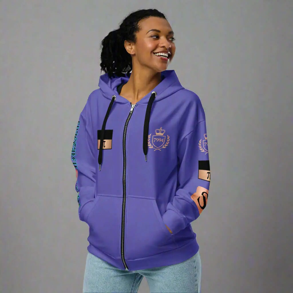Unisex multicolor purple zip hoodie with black drawstrings and gold crown emblem